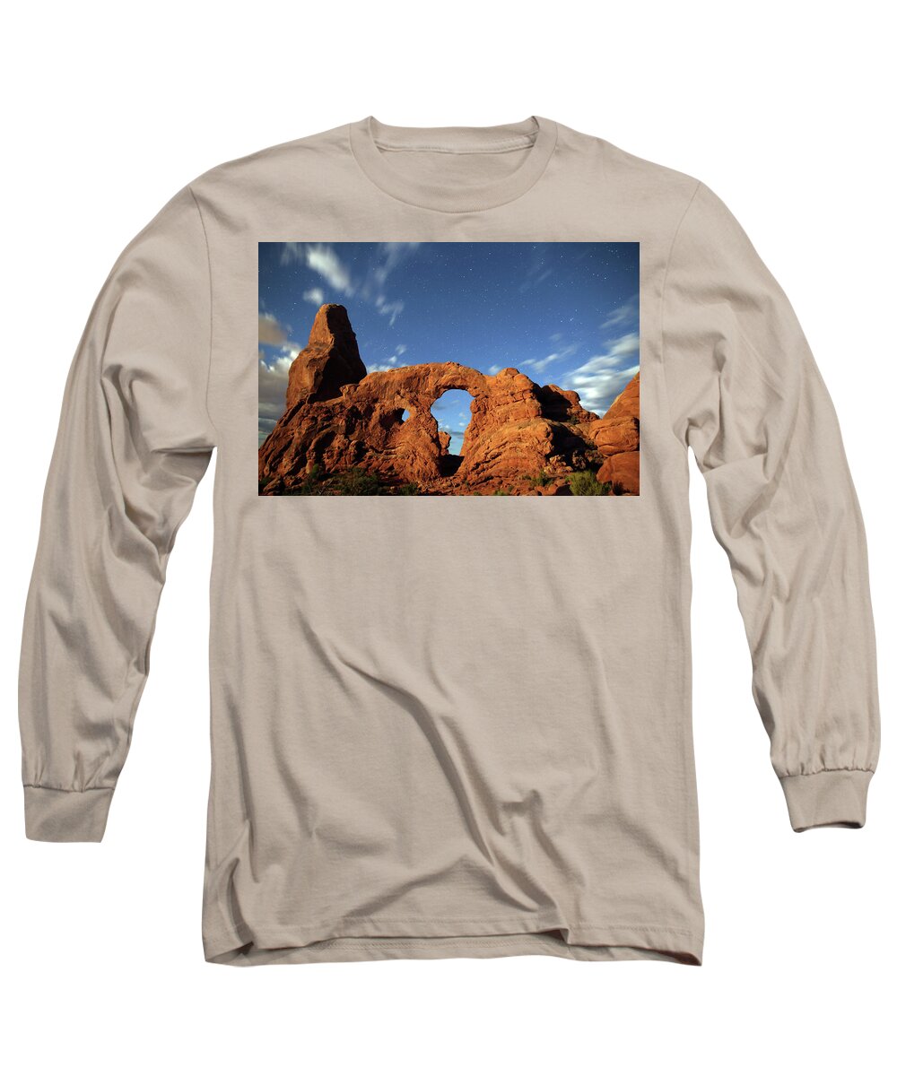 Arches Np Long Sleeve T-Shirt featuring the photograph Turret Arch in the Moonlight by Jean Clark