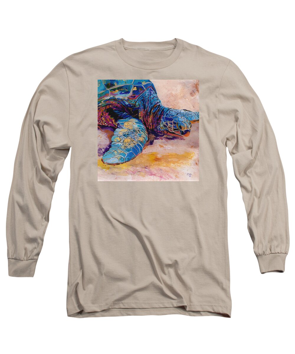 Turtle Painting Long Sleeve T-Shirt featuring the painting Turtle at Poipu Beach 6 by Marionette Taboniar