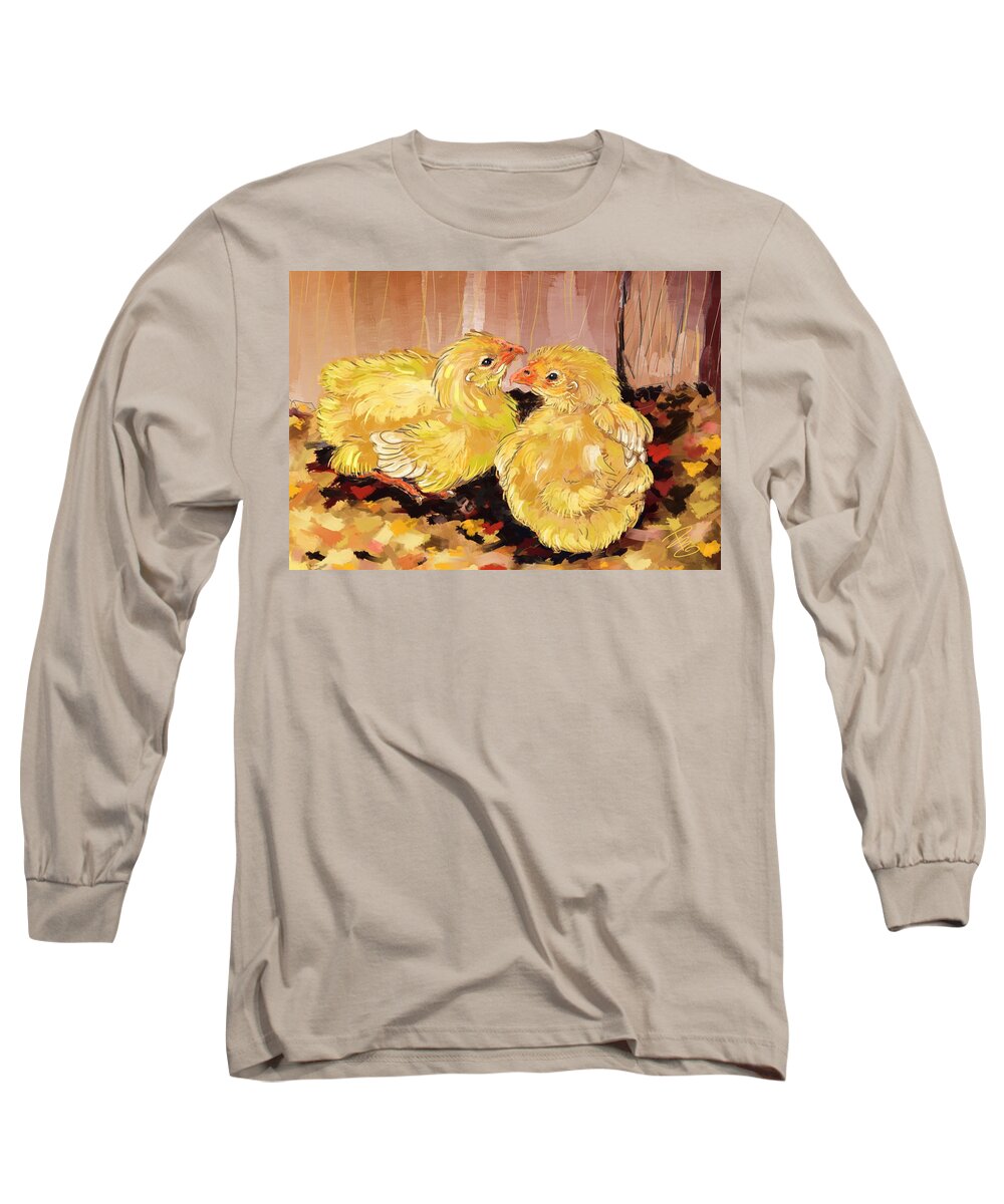 Animal Long Sleeve T-Shirt featuring the digital art Two baby Cornish chicks by Debra Baldwin