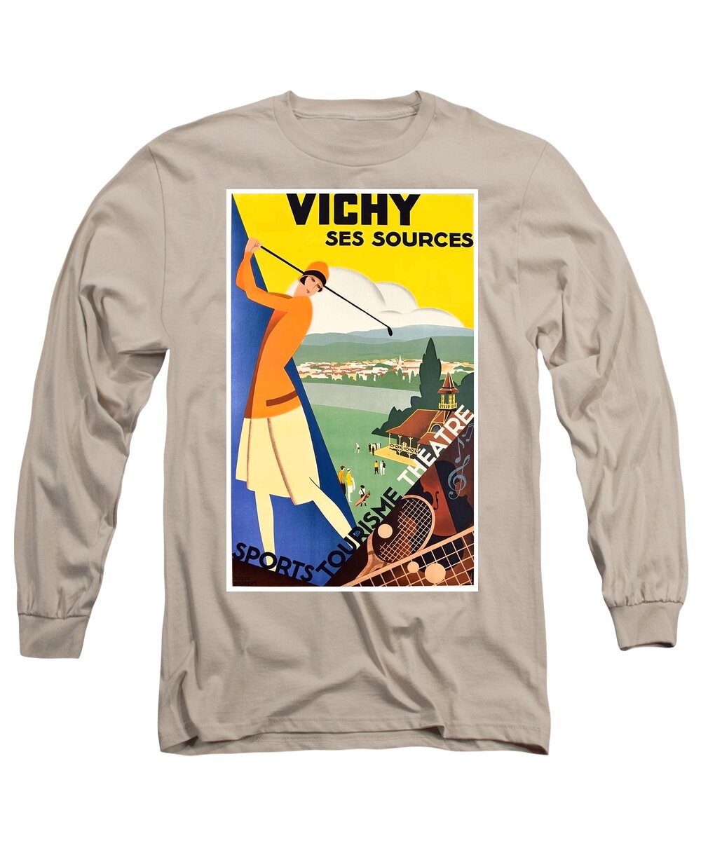 Vichy Long Sleeve T-Shirt featuring the painting Vichy, sport tourism, woman play golf by Long Shot