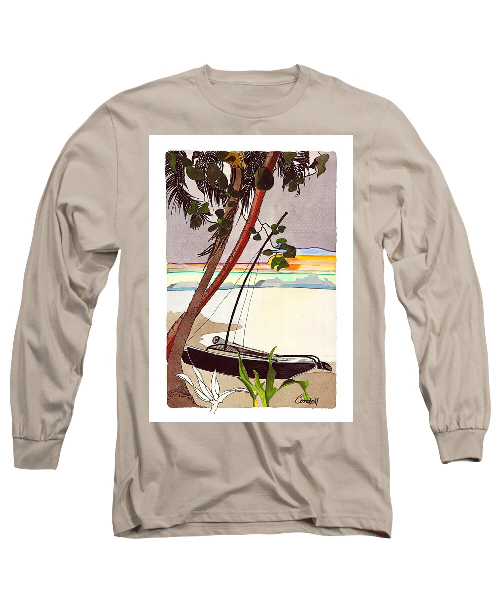 Tropical Foliage Long Sleeve T-Shirt featuring the painting Viti Levu Sunset - Fiji by Joan Cordell