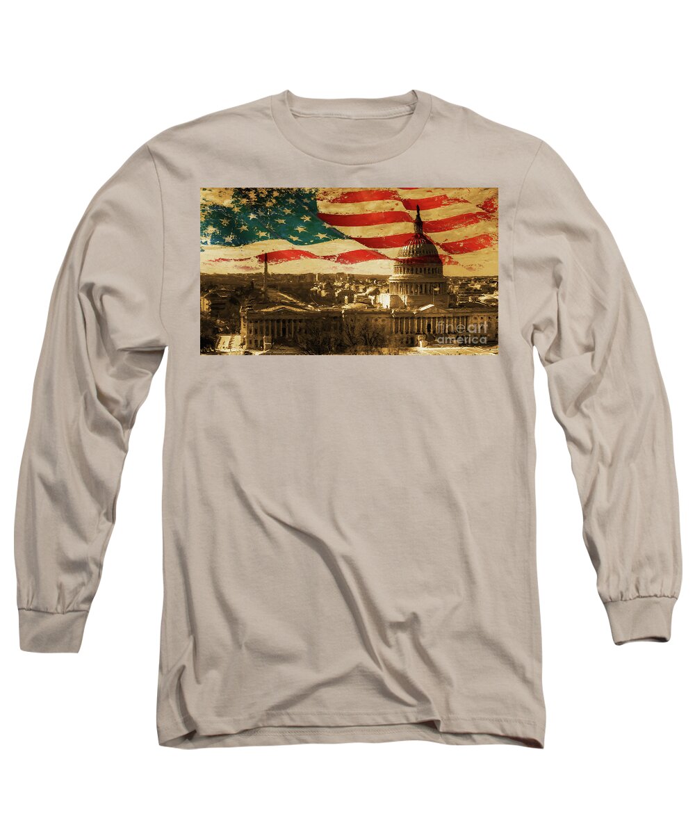 American Long Sleeve T-Shirt featuring the painting Washington DC USA 002 by Gull G