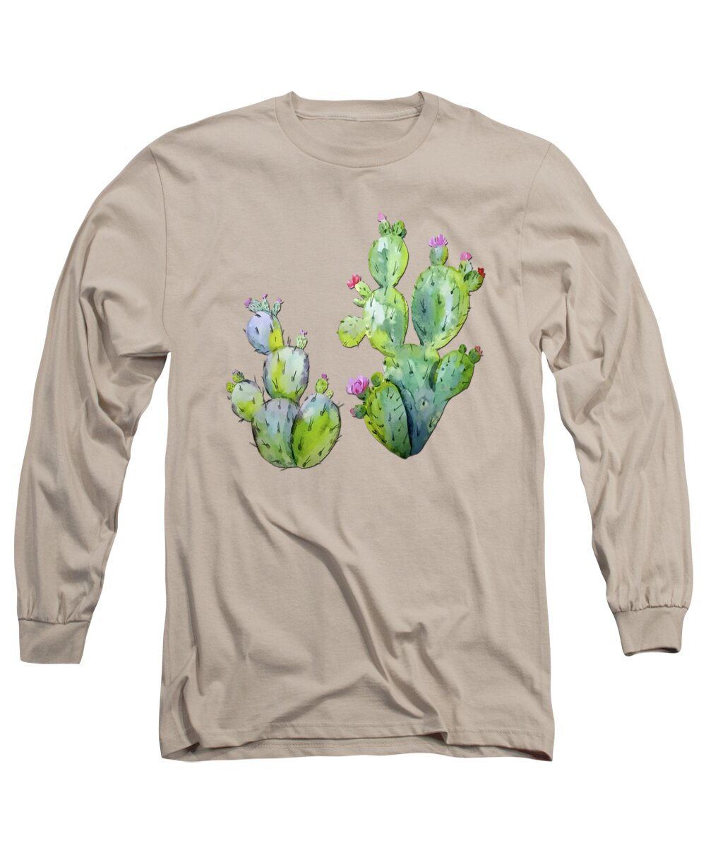 Cactus Long Sleeve T-Shirt featuring the painting Water Color Prickly Pear Cactus Adobe Background by Elaine Plesser