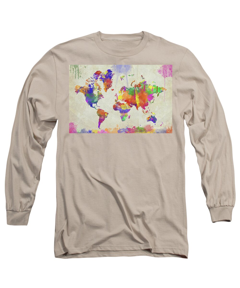 Map Long Sleeve T-Shirt featuring the digital art Watercolor Impression World Map by Zaira Dzhaubaeva