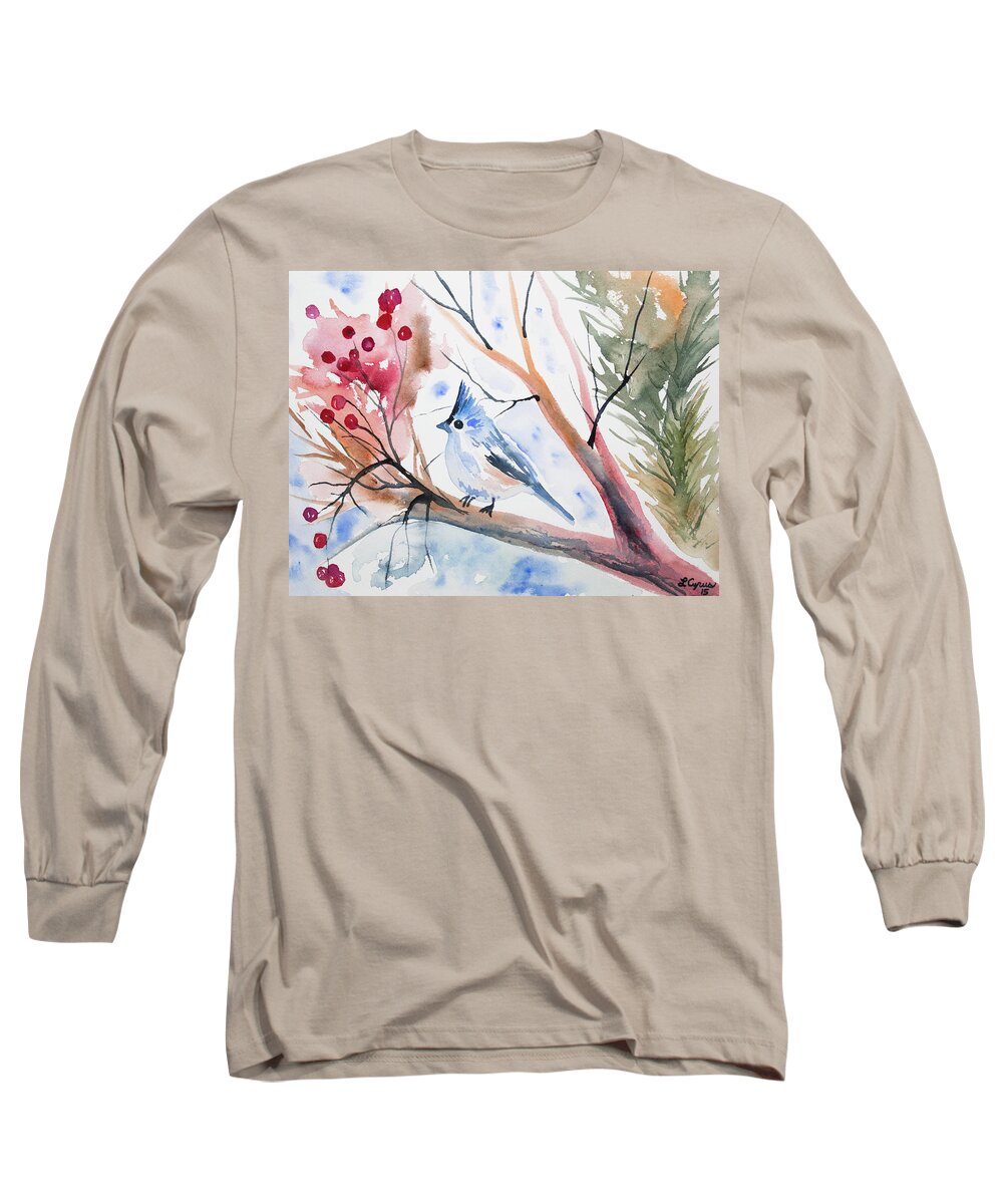 Tufted Titmouse Long Sleeve T-Shirt featuring the painting Watercolor - Tufted Titmouse with Winter Berries by Cascade Colors