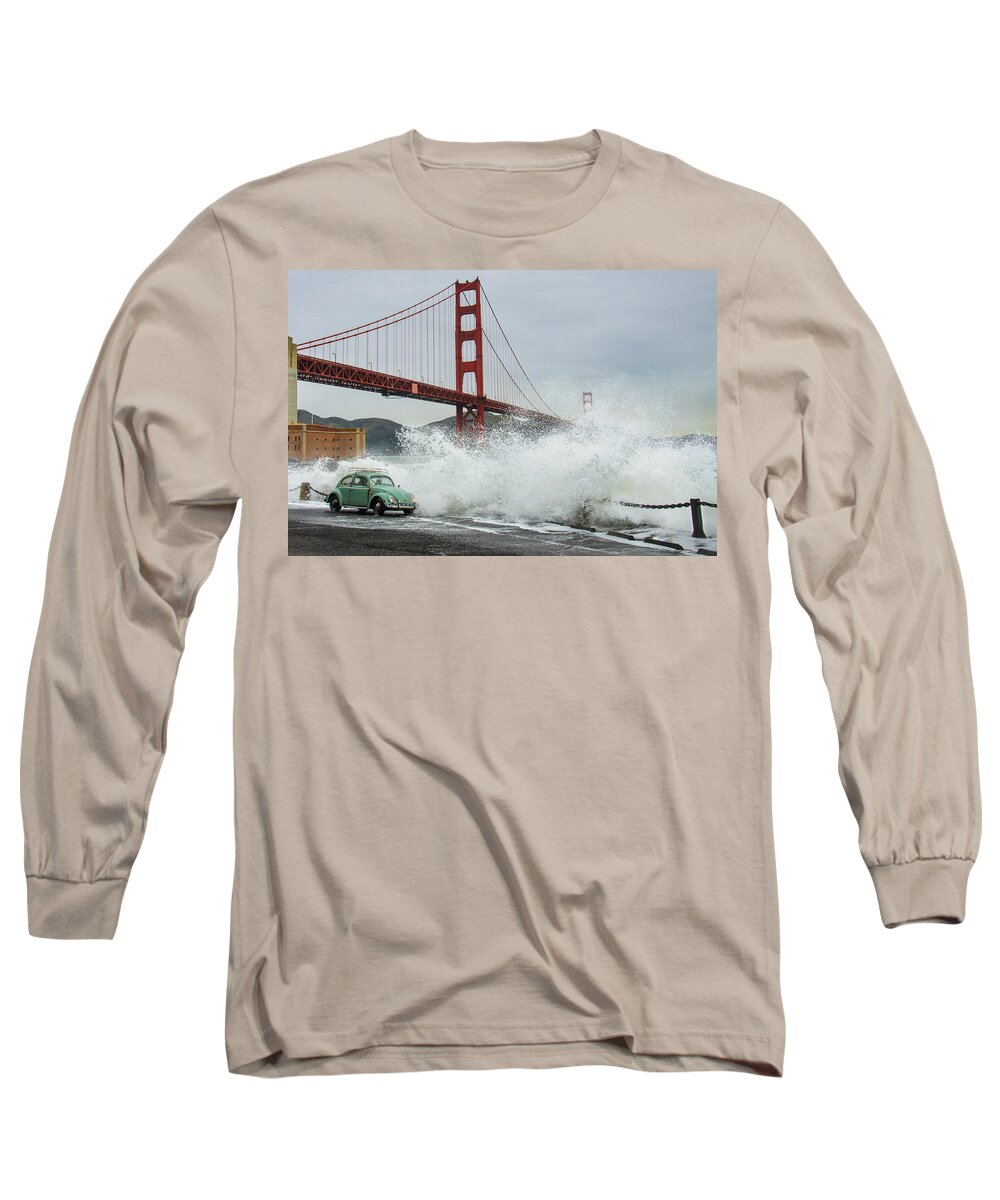 Richard Kimbrough Long Sleeve T-Shirt featuring the photograph Waves Crash over a Vintage Beetle in Front of the Golden Gate Bridge San Francisco California by Richard Kimbrough