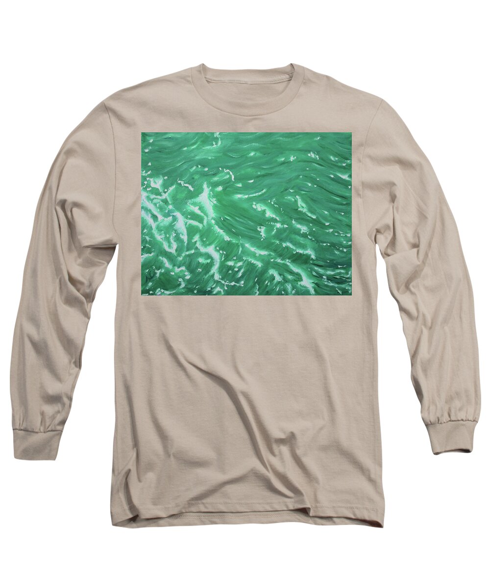 Waves Long Sleeve T-Shirt featuring the painting Waves - Green by Neslihan Ergul Colley