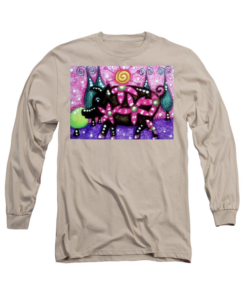 Whimsical Long Sleeve T-Shirt featuring the painting Whimsical Pig by Monica Resinger