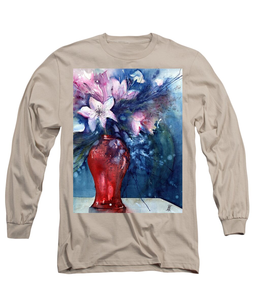 Beautiful Flowers Long Sleeve T-Shirt featuring the painting Flowers - White Lilies in red vase by Sabina Von Arx