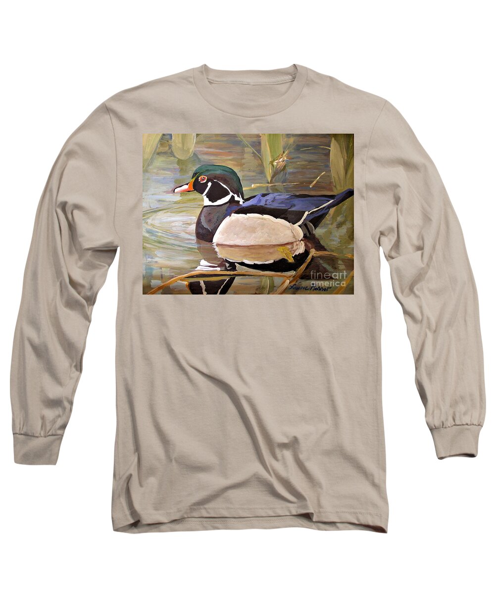 Landscape Long Sleeve T-Shirt featuring the painting Wood Duck on Pond by Laurie Rohner