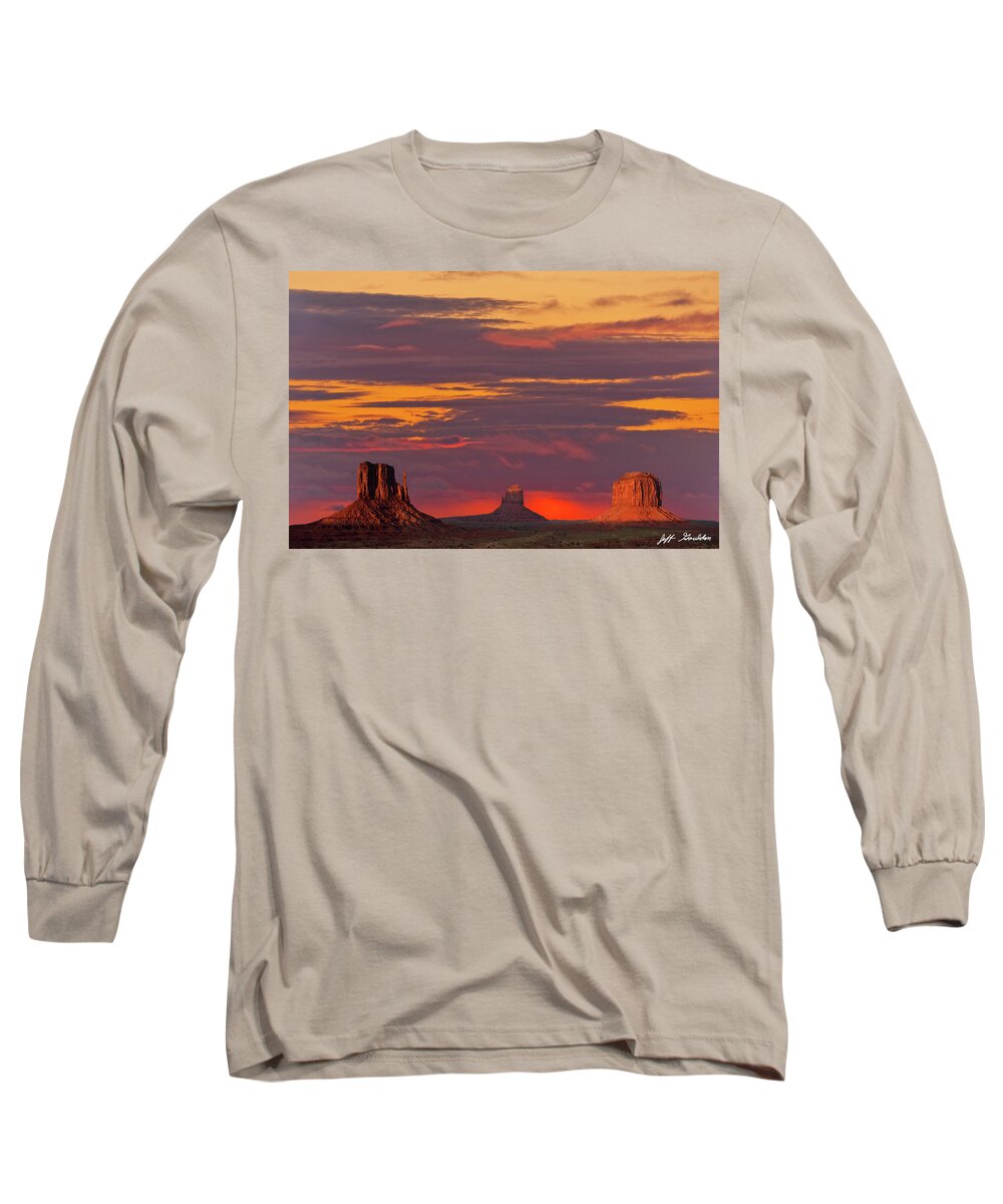 Arid Climate Long Sleeve T-Shirt featuring the photograph The Mittens and Merrick Butte at Sunset #1 by Jeff Goulden