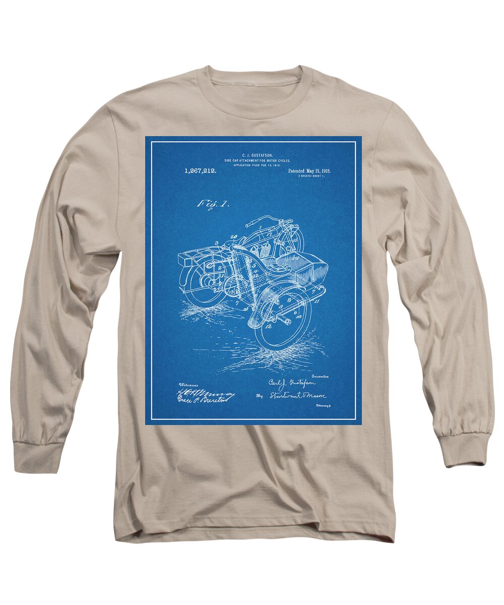 1913 Side Car Attachment For Motorcycle Patent Print Long Sleeve T-Shirt featuring the drawing 1913 Side Car Attachment for Motorcycle Blueprint Patent Print by Greg Edwards
