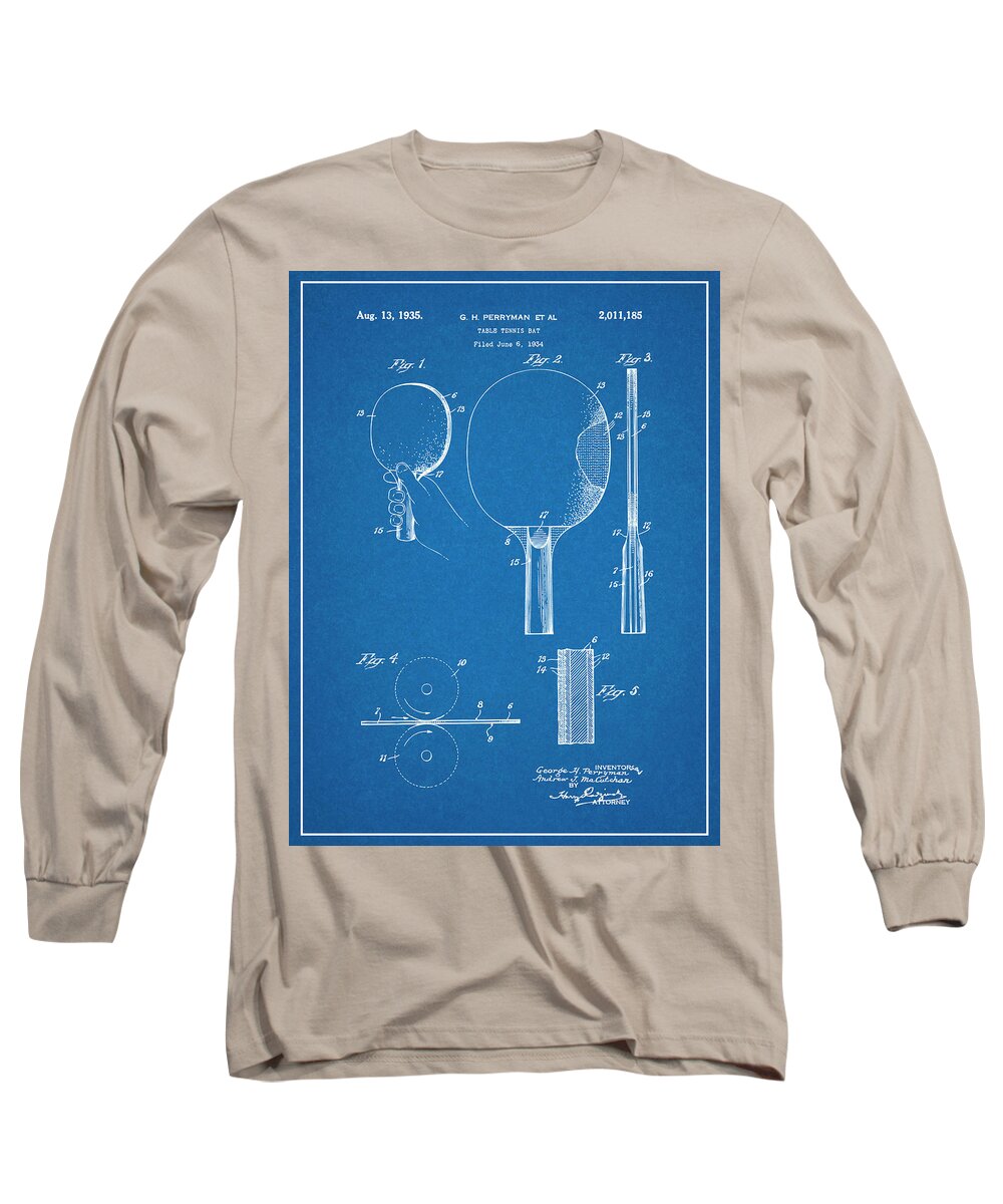 1934 Ping Pong Paddle Patent Print Long Sleeve T-Shirt featuring the drawing 1934 Ping Pong Paddle Blueprint Patent Print by Greg Edwards