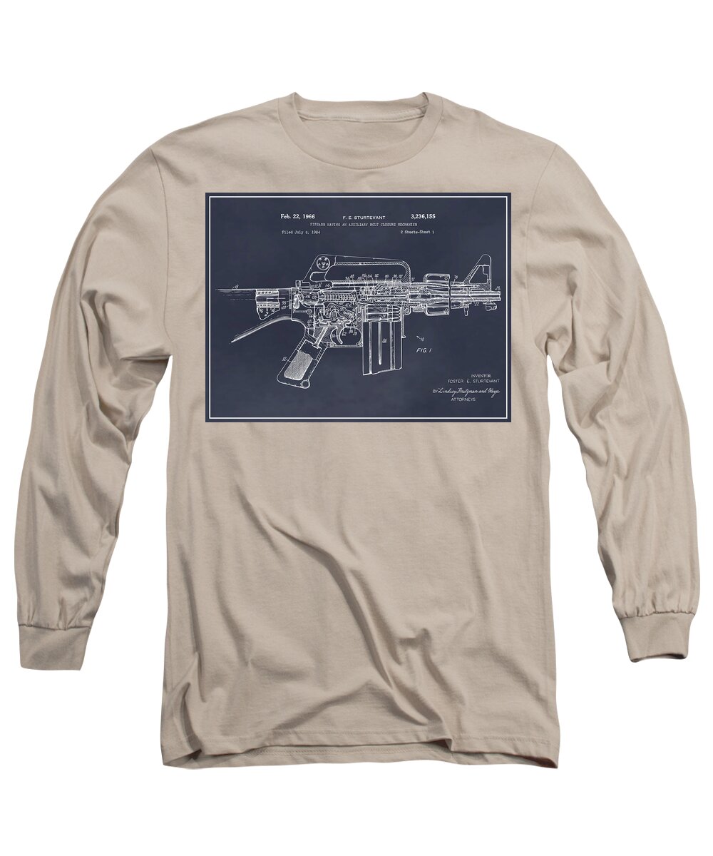 Ar15 Long Sleeve T-Shirt featuring the drawing 1966 AR15 Assault Rifle Patent Print, M-16, Blackboard by Greg Edwards