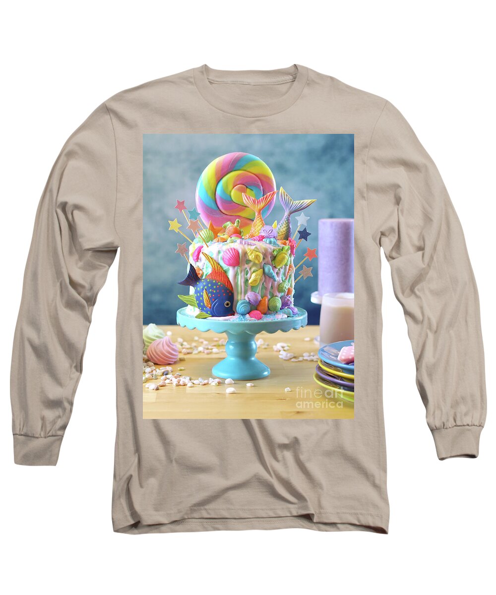 Mermaid Long Sleeve T-Shirt featuring the photograph Mermaid theme candyland cake with glitter tails, shells and sea creatures. #3 by Milleflore Images