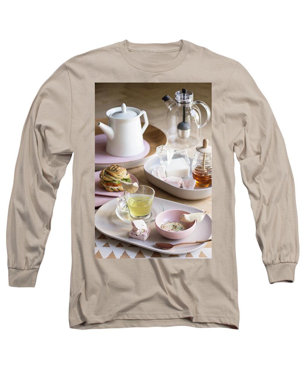 Ip_11434590 Long Sleeve T-Shirt featuring the photograph A Poppyseed Roll With Graved Lax, Cucumber And Horseradish Cream Cheese Served With Tea by Great Stock!