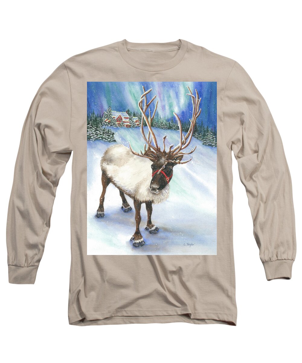 Reindeer Long Sleeve T-Shirt featuring the painting A Winter's Walk by Lori Taylor
