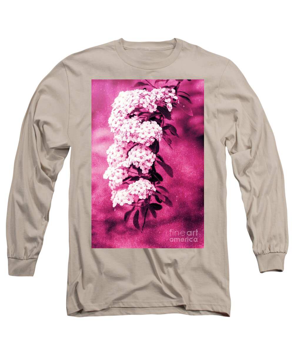 Spirea Long Sleeve T-Shirt featuring the photograph Abstract Spirea Cascade in Red by Anita Pollak
