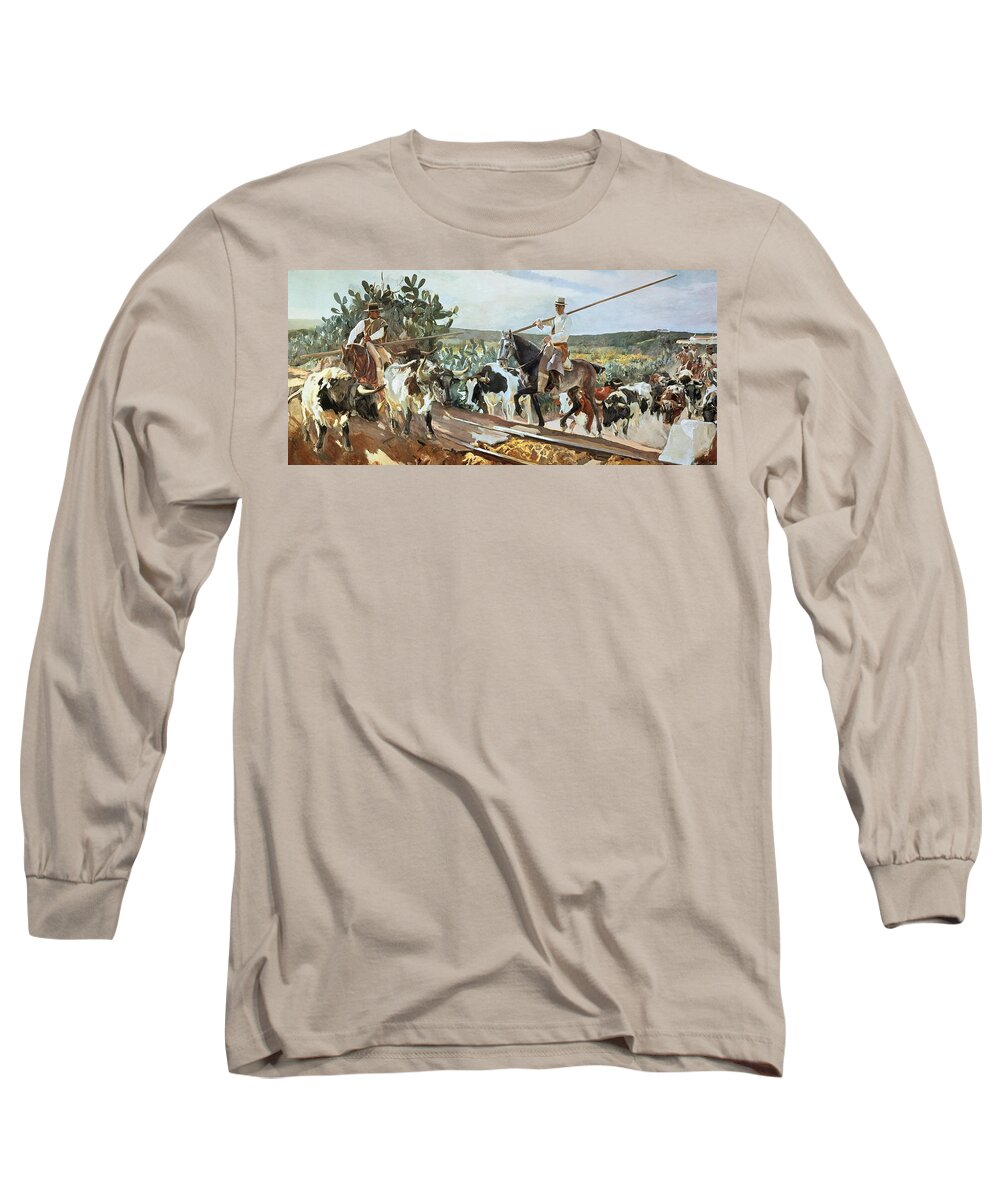 Joaquin Sorolla Long Sleeve T-Shirt featuring the painting 'Andalusia, The Round Up', 1914, Oil on canvas, 358 x 766,5 cm. by Joaquin Sorolla -1863-1923-