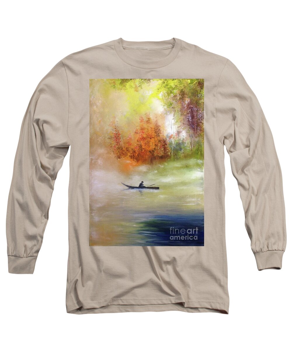 Autumn Long Sleeve T-Shirt featuring the painting Autumn dawning, Autumn colours, Fisherman on an autumn lake by Lizzy Forrester