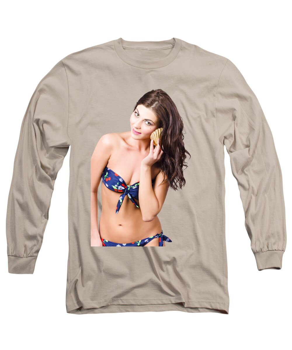 Holiday Long Sleeve T-Shirt featuring the photograph Beautiful beach babe over studio background by Jorgo Photography