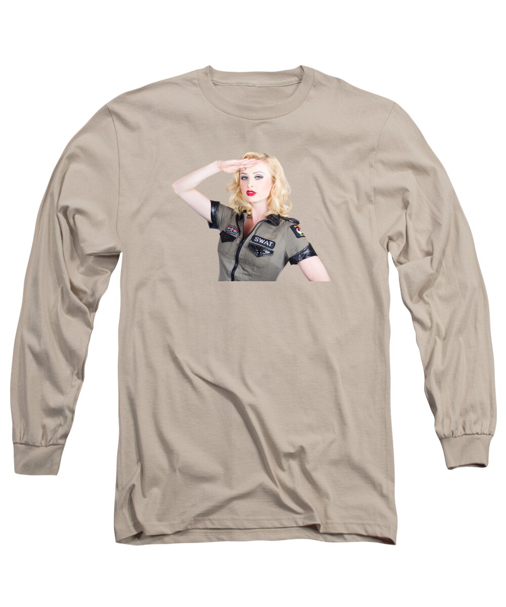 Military Long Sleeve T-Shirt featuring the photograph Beautiful blond woman in military outfit by Jorgo Photography