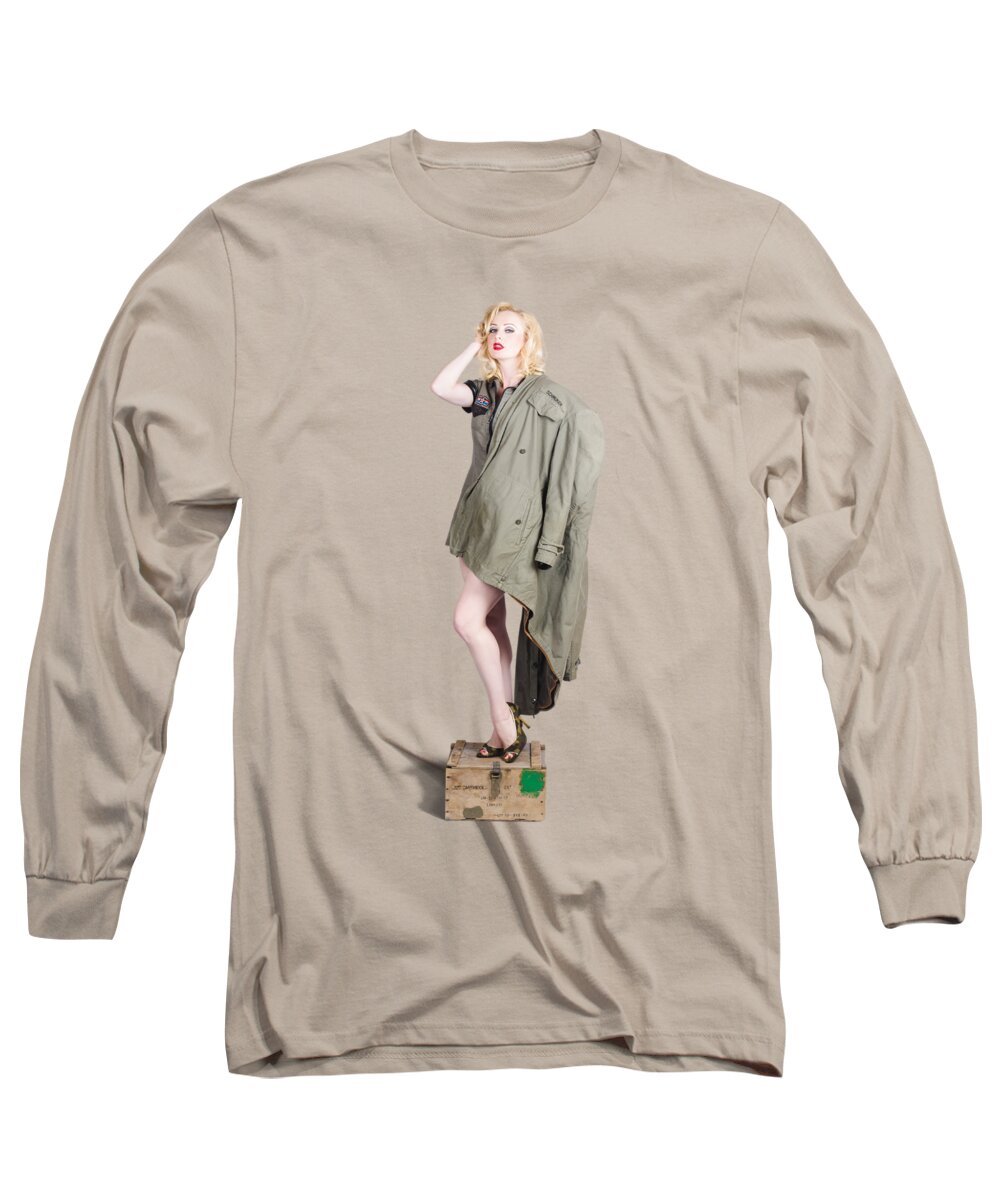 Woman Long Sleeve T-Shirt featuring the photograph Beautiful military pinup girl. Classic beauty by Jorgo Photography