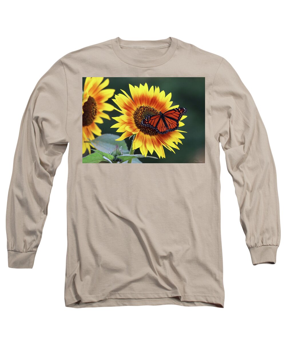 Flowers Long Sleeve T-Shirt featuring the photograph Beautiful Sunflower with Monarch Butterfly by Trina Ansel