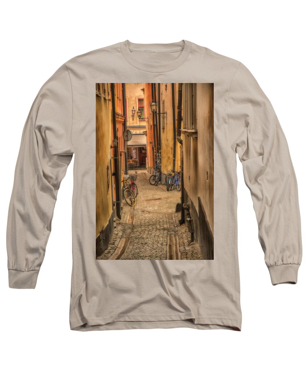 Stockholm; Sweden; Scandinavia; Europe; Street; Alley; Bike; Bicycle; Digital Art Long Sleeve T-Shirt featuring the digital art Bicycle Alley by Mick Burkey