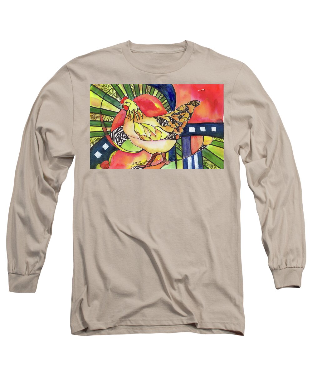 Chicken Long Sleeve T-Shirt featuring the painting Chicken Red by Joan Chlarson
