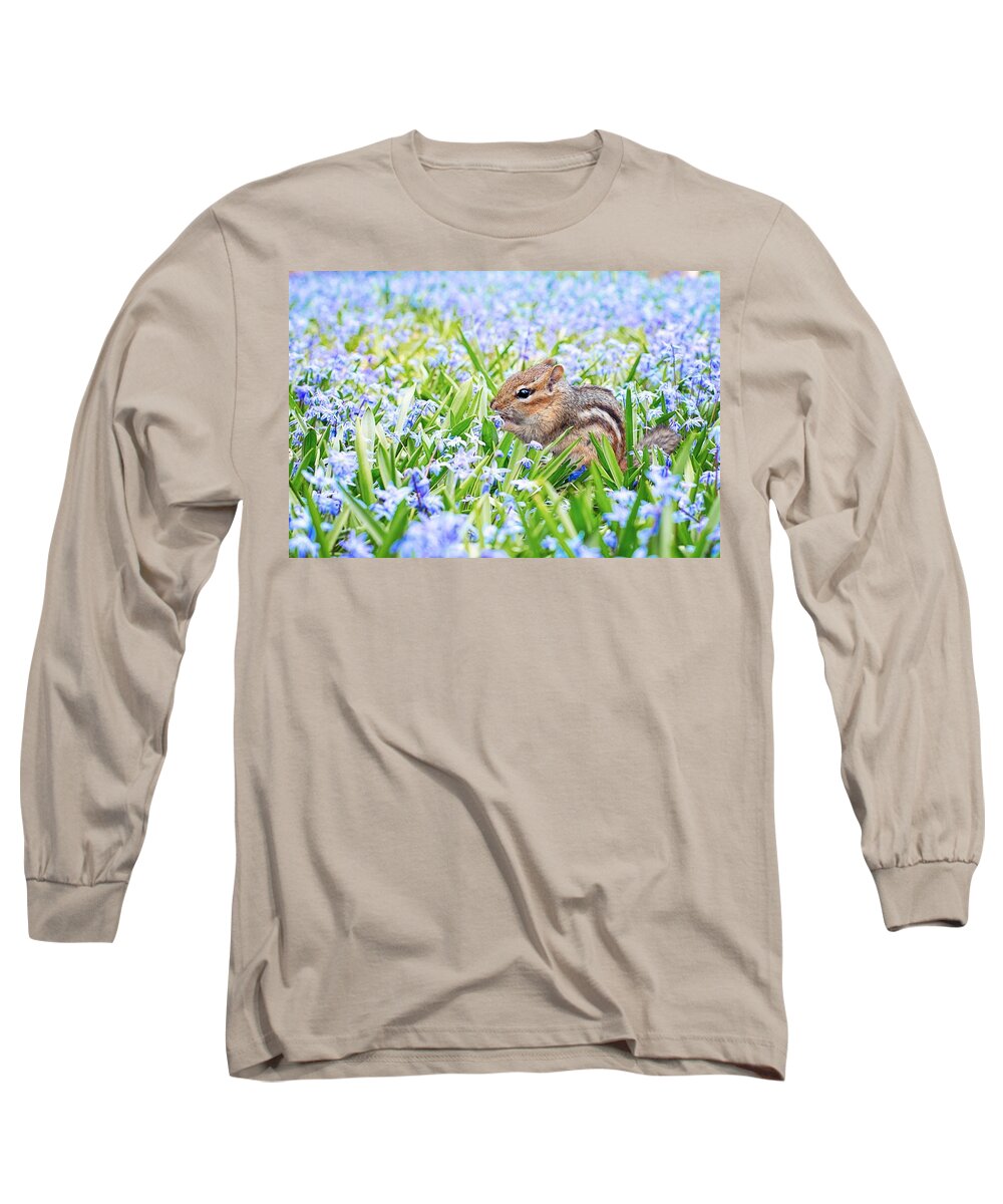 Chipmunk Long Sleeve T-Shirt featuring the photograph Chipmunk on flowers by Top Wallpapers