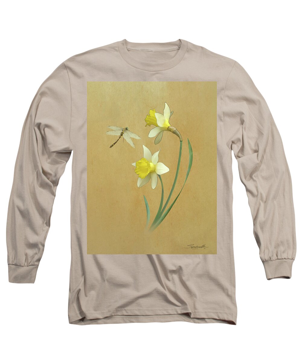 Flowers Long Sleeve T-Shirt featuring the digital art Daffodils and Dragonfly by M Spadecaller