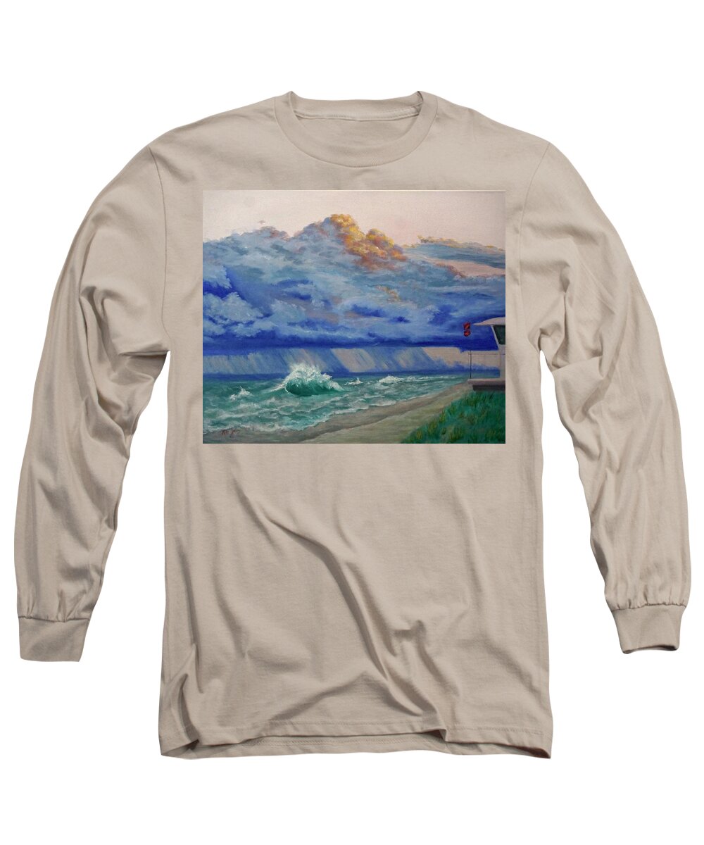 Beach Long Sleeve T-Shirt featuring the painting Double Red Flags at Waveland by Mike Jenkins