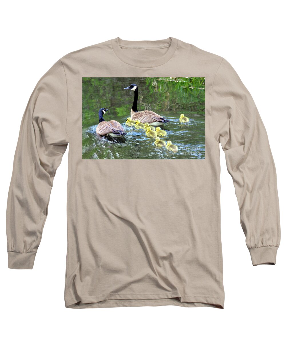 Branta Canadensis Long Sleeve T-Shirt featuring the photograph family of Canada geese in water swimming with eight goslings by Robert C Paulson Jr
