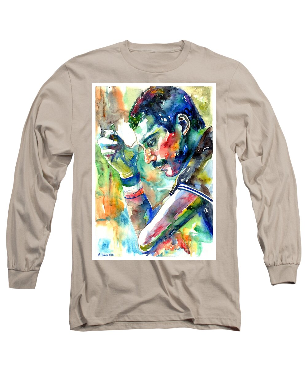 Freddie Mercury Long Sleeve T-Shirt featuring the painting Freddie Mercury With Cigarette by Suzann Sines