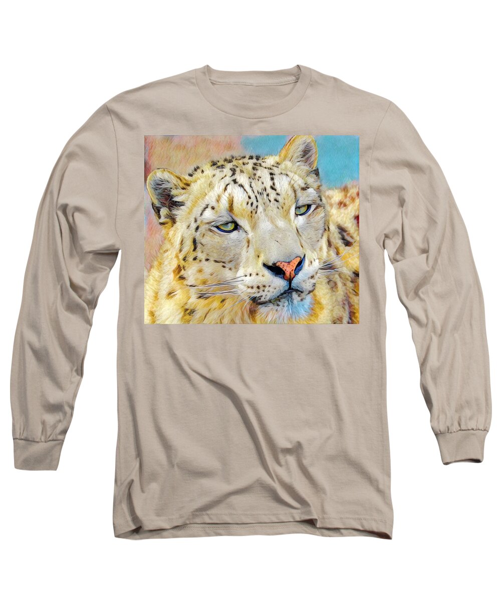 Snow Leopard Long Sleeve T-Shirt featuring the mixed media Gazing Snow Leopard by Susan Rydberg