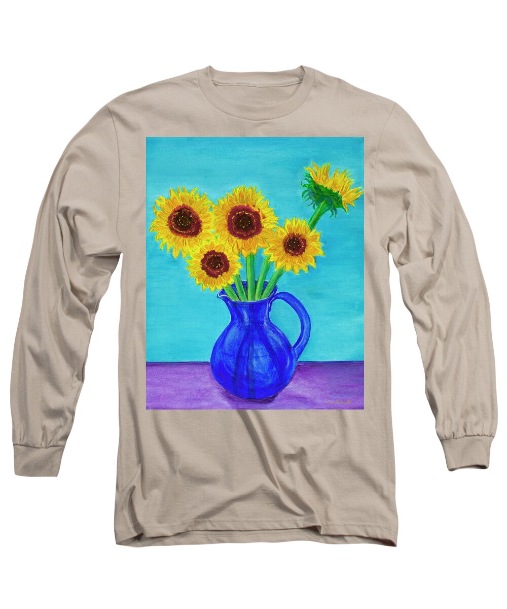 Still Life Long Sleeve T-Shirt featuring the painting Golden Sunflowers 20x16 by Santana Star