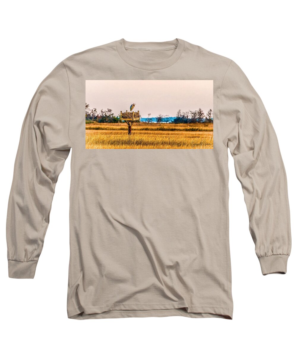 Osprey Long Sleeve T-Shirt featuring the photograph Great Heron on Osprey's Nest by Shawn M Greener