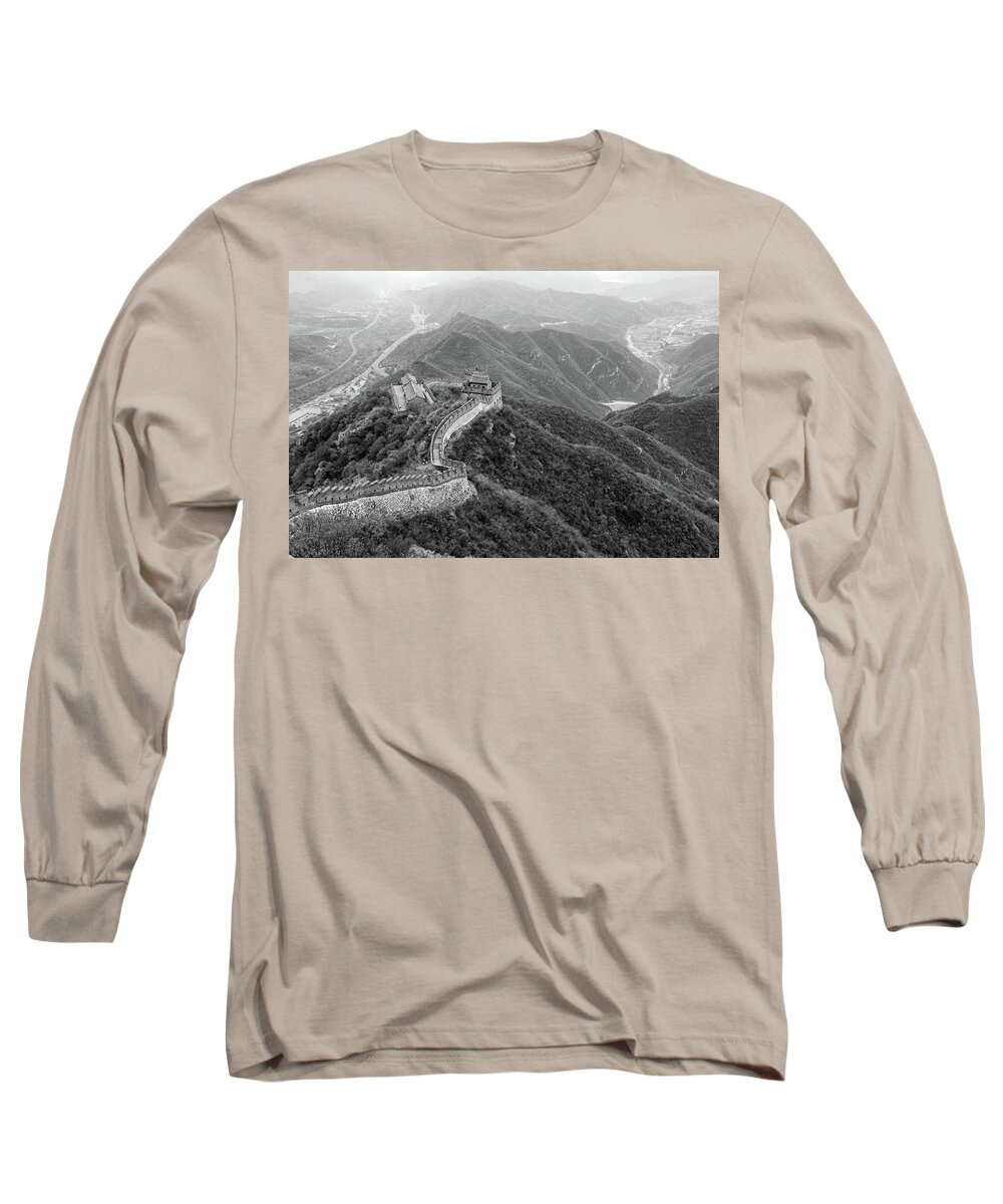 China Long Sleeve T-Shirt featuring the photograph Great Wall of China, Monochrome by Aashish Vaidya