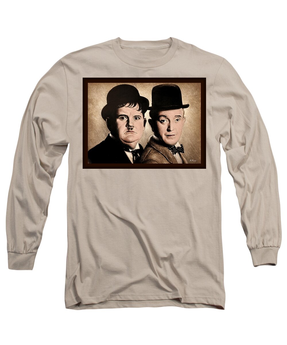 Laurel And Hardy Long Sleeve T-Shirt featuring the drawing Heres another fine mess 2 edi by Andrew Read