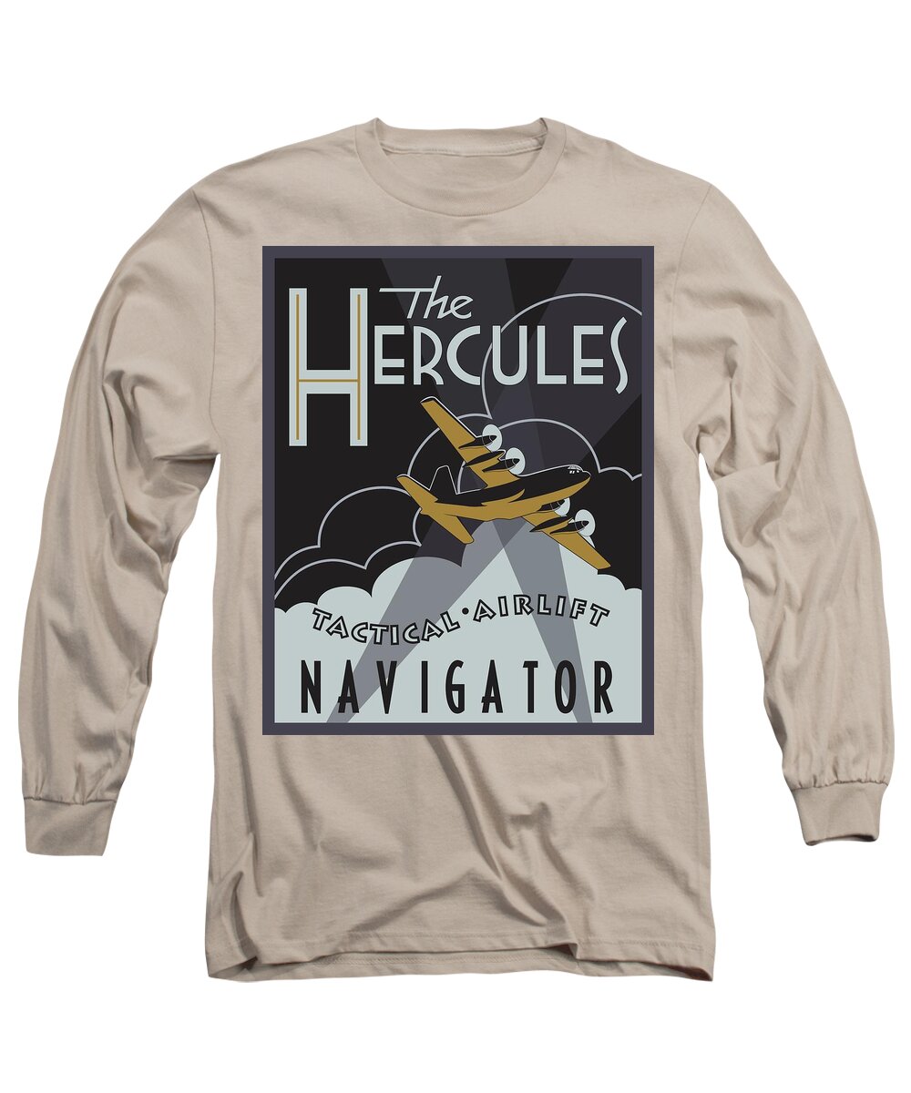 C-130 Long Sleeve T-Shirt featuring the digital art Herk Deco - Navigator Edition by Michael Brooks