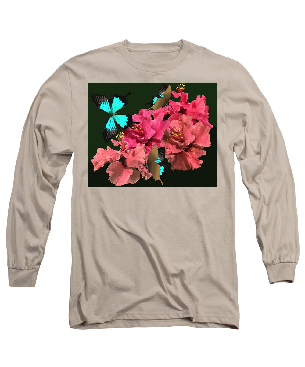 Hibiscus Long Sleeve T-Shirt featuring the drawing Hibiscus Butterfly Joy by Joan Stratton