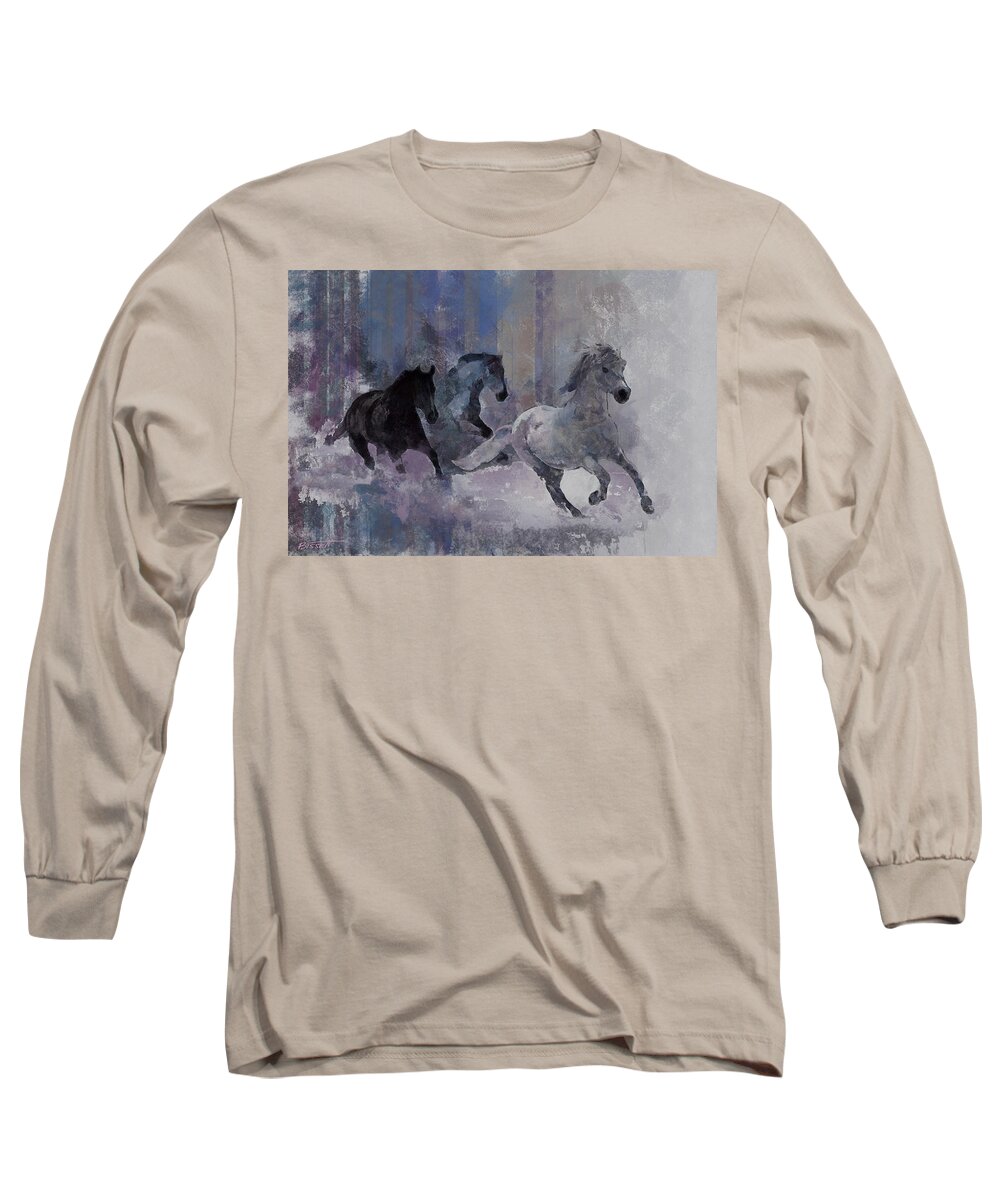 Horse Long Sleeve T-Shirt featuring the digital art Horses Running by Robert Bissett