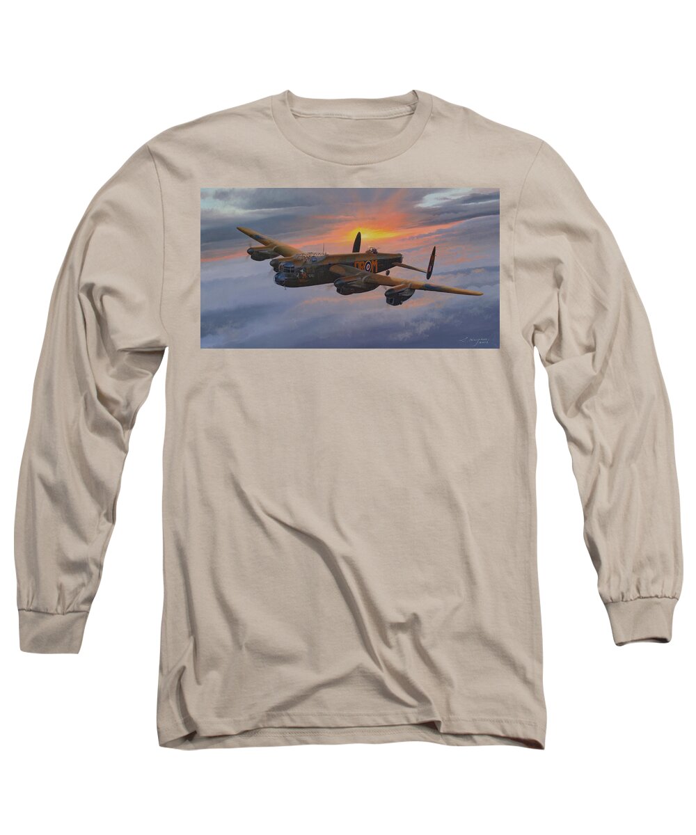 Avro Lancaster Long Sleeve T-Shirt featuring the painting Lancaster Portrait by Steven Heyen
