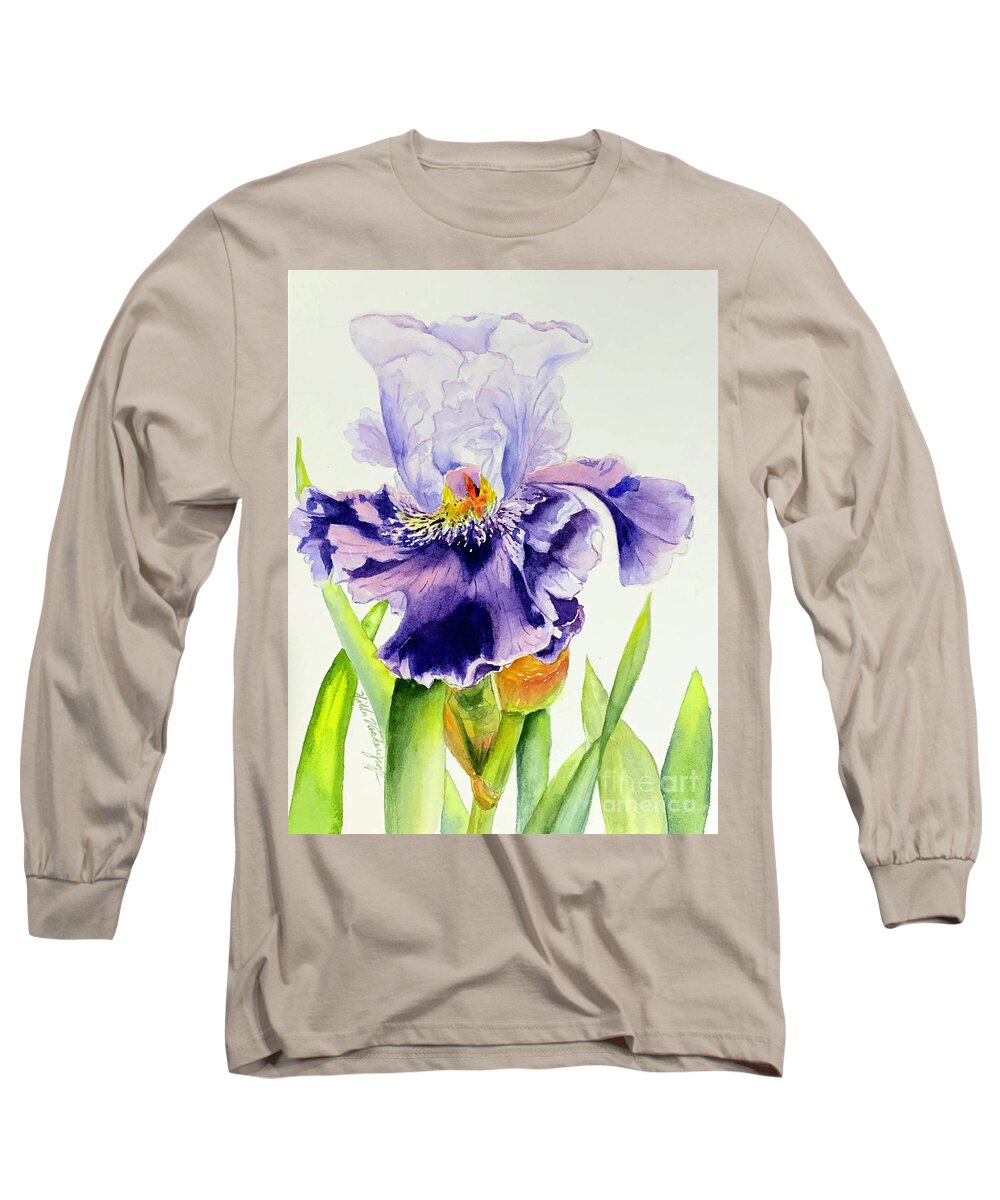 Purple Iris Long Sleeve T-Shirt featuring the painting Lovely Iris by Hilda Vandergriff