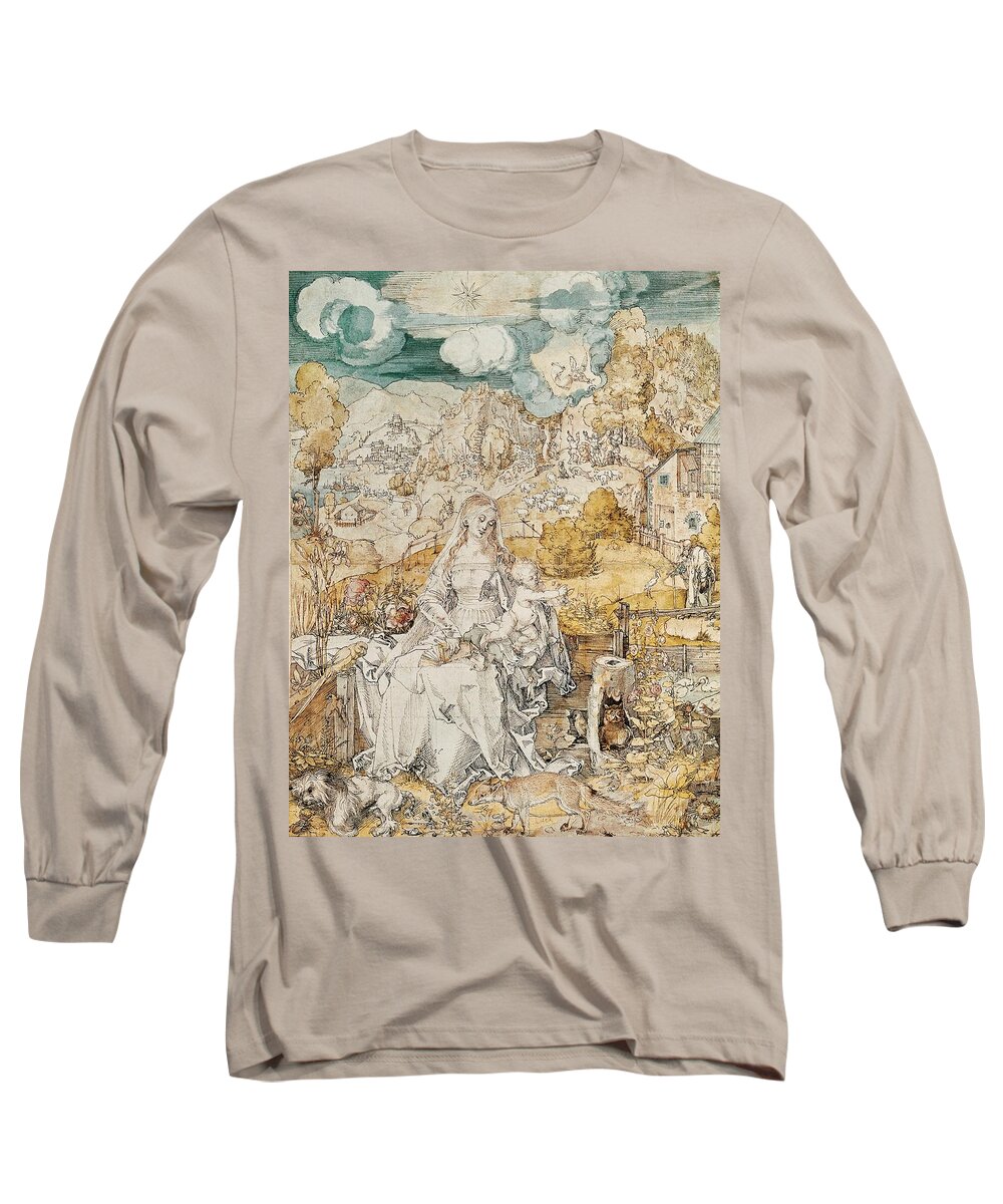 Albrecht Durer Long Sleeve T-Shirt featuring the painting Madonna with a Multitude of Animals. Watercolour. by Albrecht Durer -1471-1528-