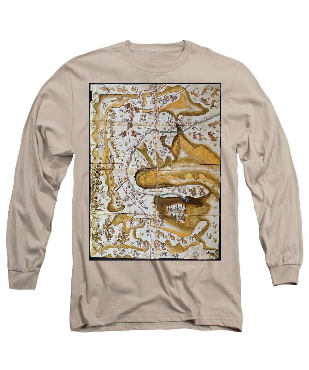 16 16th Xvi Xvith Sixteenth Century Long Sleeve T-Shirt featuring the drawing Map of Michoacan bishopric -Mexico-. Madrid, History Academy. by Album