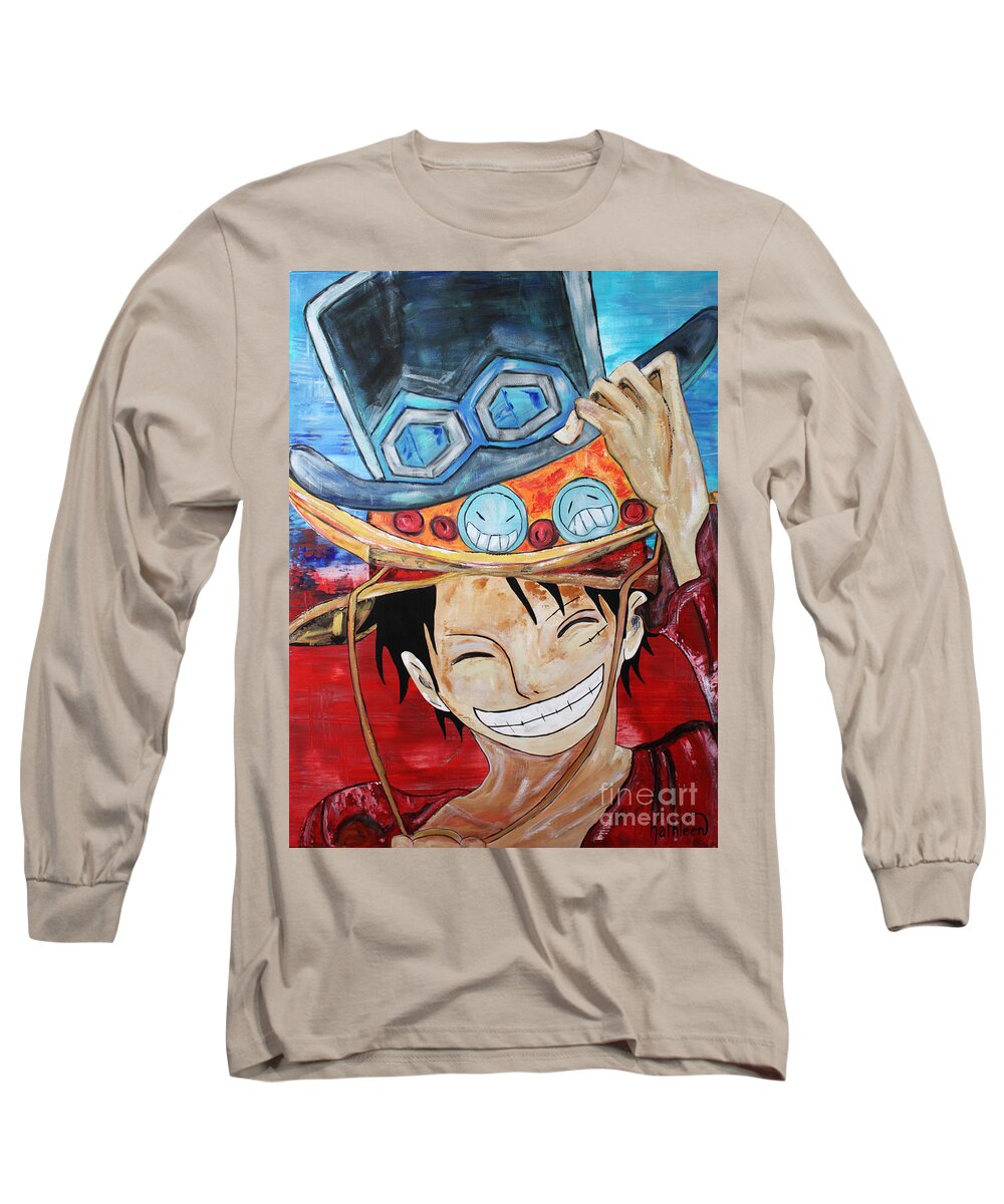 Monkey D Luffy Long Sleeve T-Shirt featuring the painting Monkey D Luffy Hats by Kathleen Artist PRO