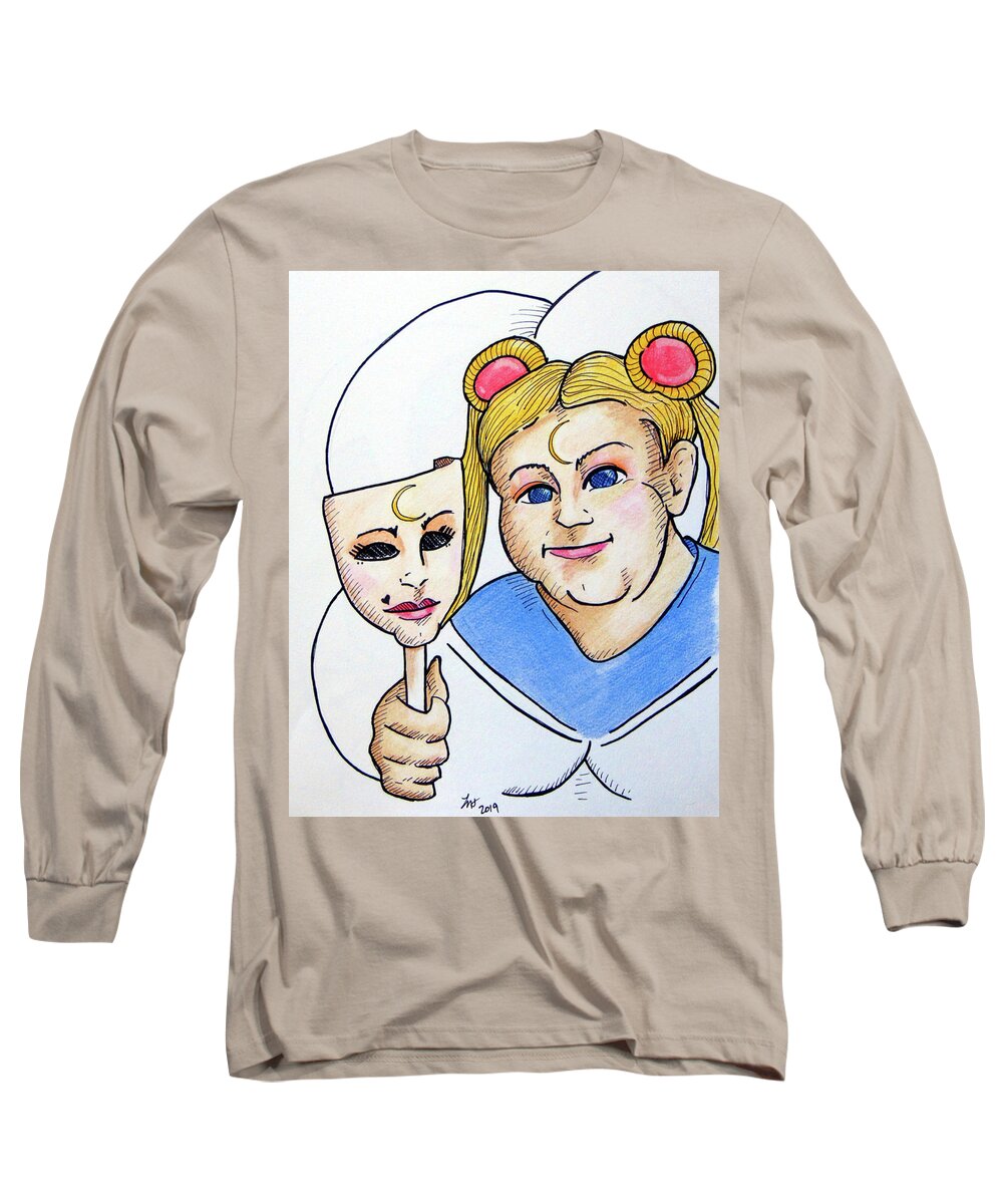 Moon Long Sleeve T-Shirt featuring the drawing Moon by Loretta Nash