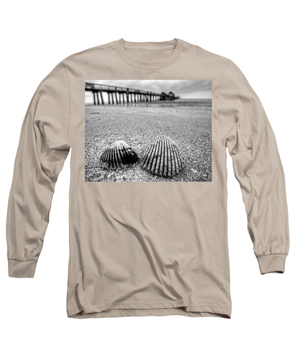 Naples Long Sleeve T-Shirt featuring the photograph Naples Pier Seashells Naples FL Florida Black and White by Toby McGuire